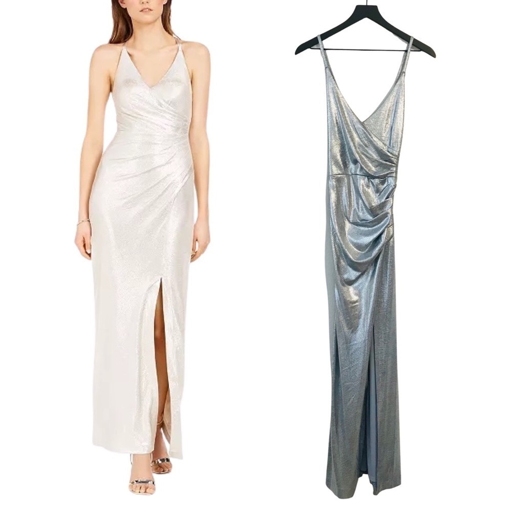New! Eliza J Petite Metallic Ruched Strappy V-Neck Gown Formal Maxi Dress